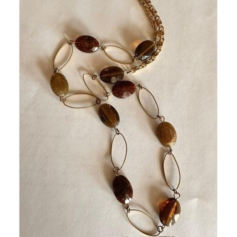 Vintage Gold Tone Amber Brown Glass Oval Station Necklace 30‎ Inch 1970s Style